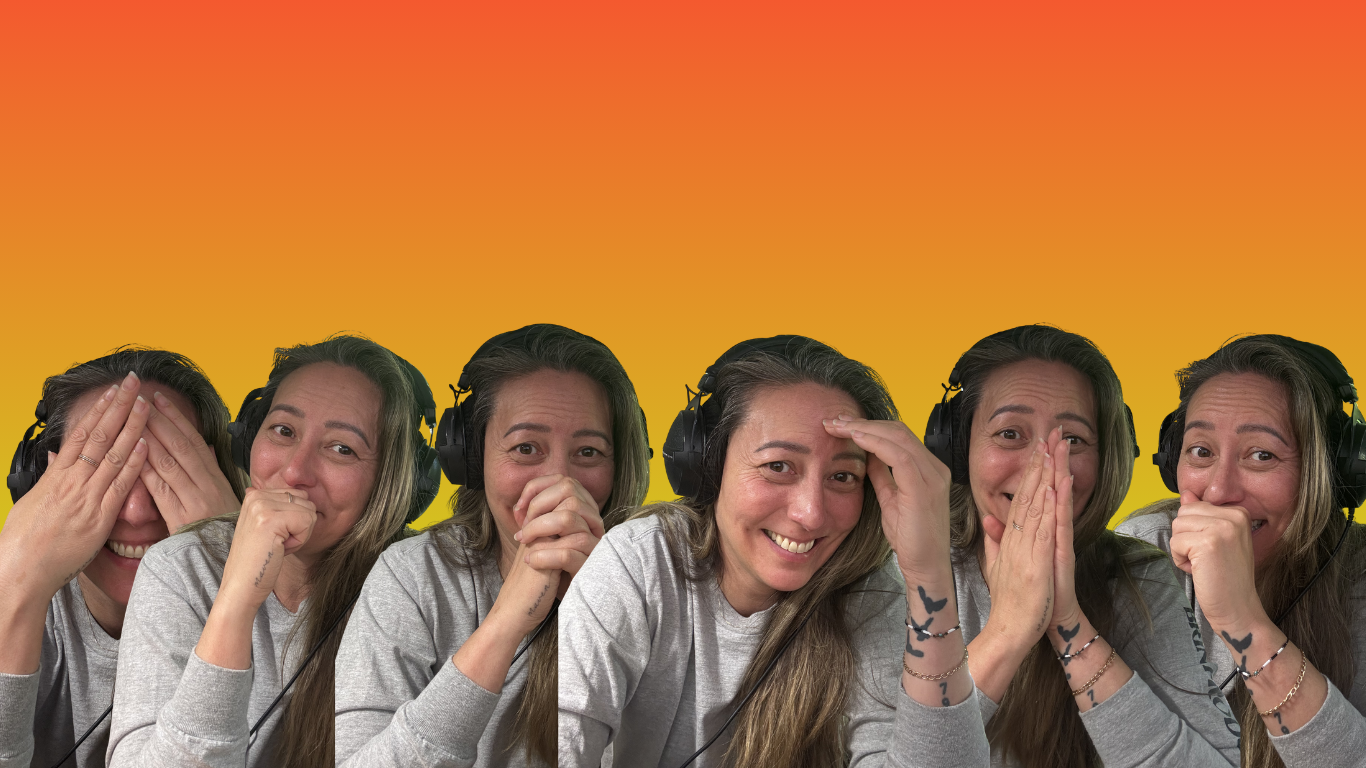 Pamala Buzick Kim reacting with surprise and laughter while recording You Know Too Much